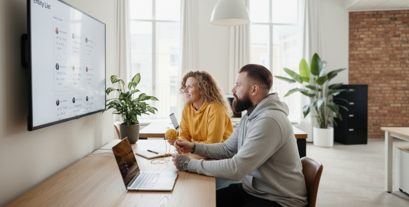 Team reviewing entity SEO map on laptops in a modern office