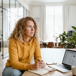 Collega maakt notities bij laptop, rustige werkplek met planten, Studio Ubique team