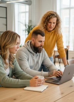 Drie collega’s werken samen aan een laptop aan een tafel.
