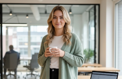 Portret van Lotte, teamlid van Studio Ubique, met koffiemok in een lichte kantoorruimte