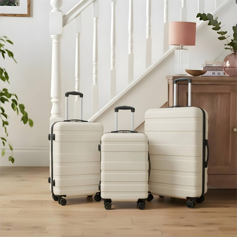 AI in-situ product images for ecommerce showing neutral hard shell luggage styled in a modern hallway interior