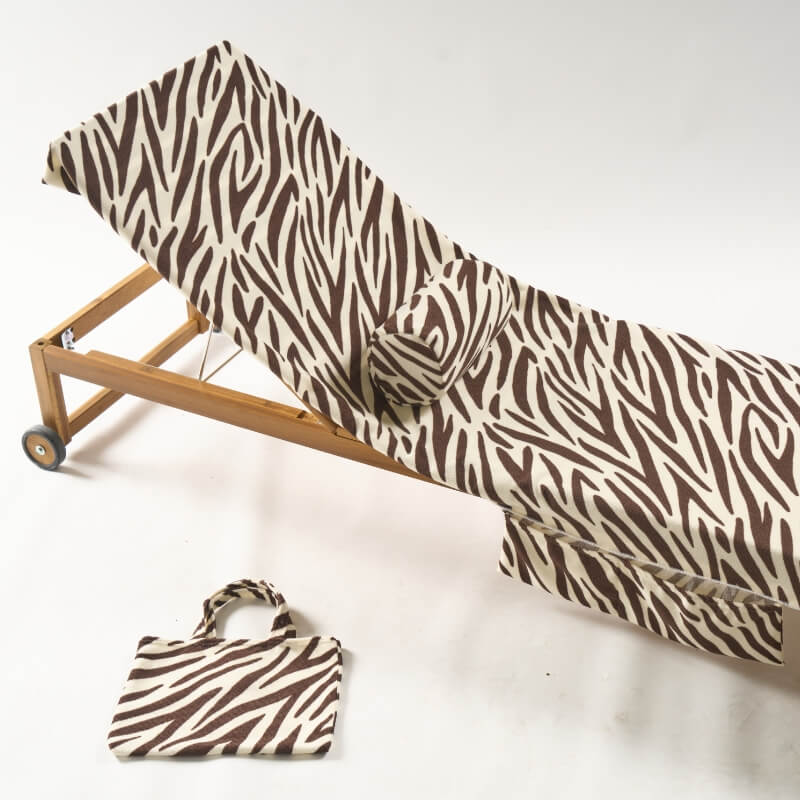 AI product image prompts applied to a zebra print sun lounger on white studio background