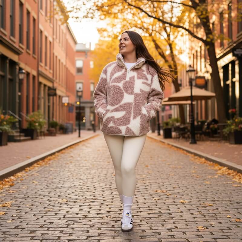 AI lifestyle product photography of fleece jacket styled in autumn city setting