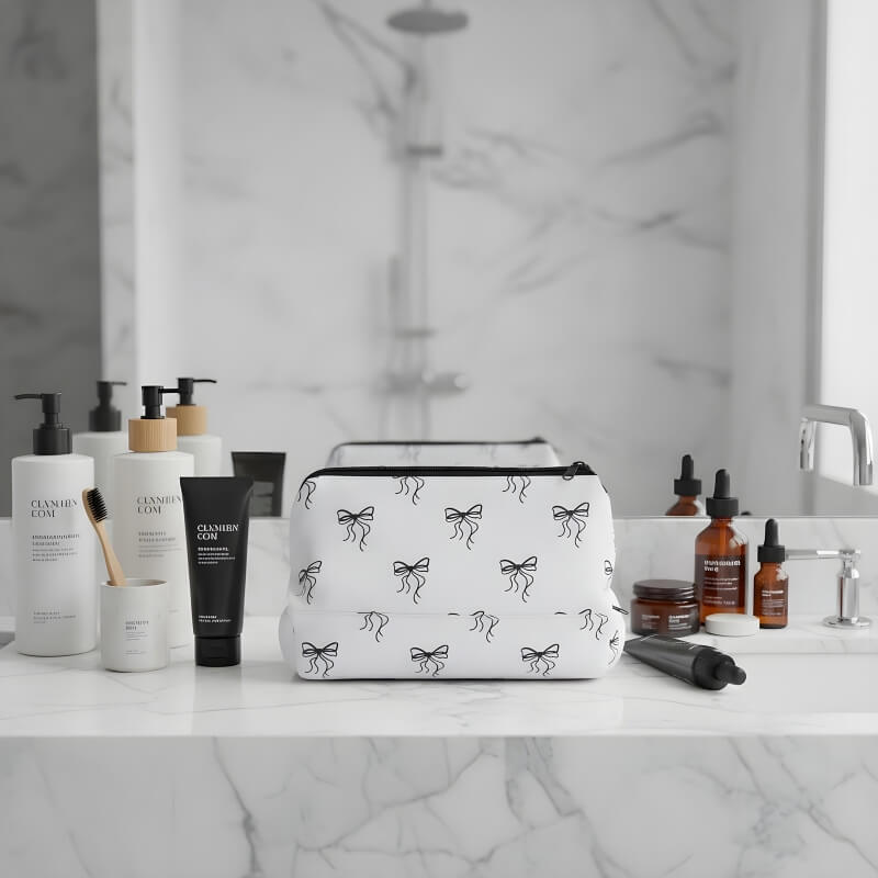 AI lifestyle product photography transforming cosmetic bag into styled bathroom setting