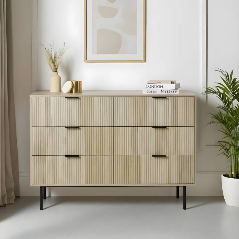 AI in-situ product images for ecommerce showing ribbed wood dresser styled in modern living room interior