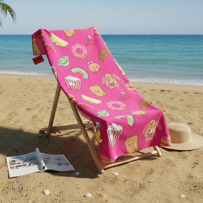 Roze strandlaken op ligstoel aan het strand, AI lifestyle product photography met realistische context