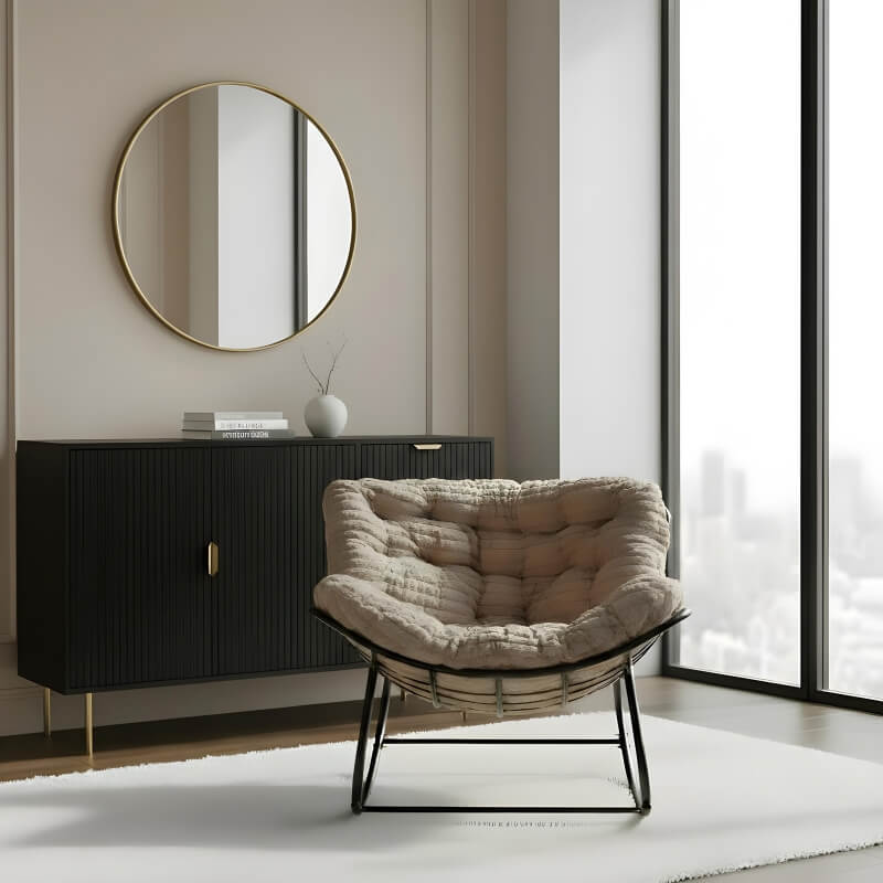 Zwart dressoir en lounge stoel in modern interieur met groot raam, AI in-situ product images for ecommerce