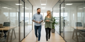 Remote-first webdesign bureau, collega’s lopen en overleggen in een modern kantoor