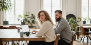 Collega’s werken samen aan een project aan een houten tafel in een lichte werkruimte