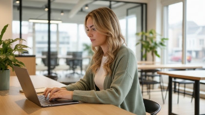 UX designer werkt aan een laptop in een licht kantoor van een webdesign bureau.
