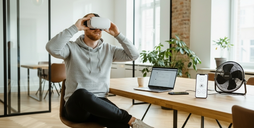 Cybersickness in VR comfort testing with headset and calm UI shapes