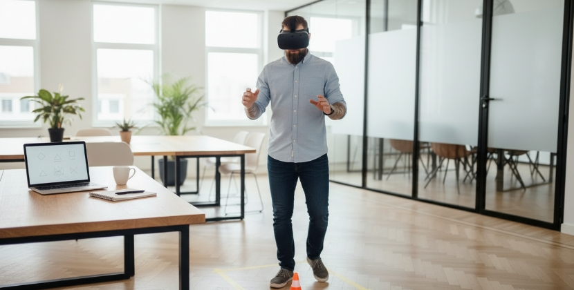 UX design for metaverse usability test in office with VR headset and blank spatial panels