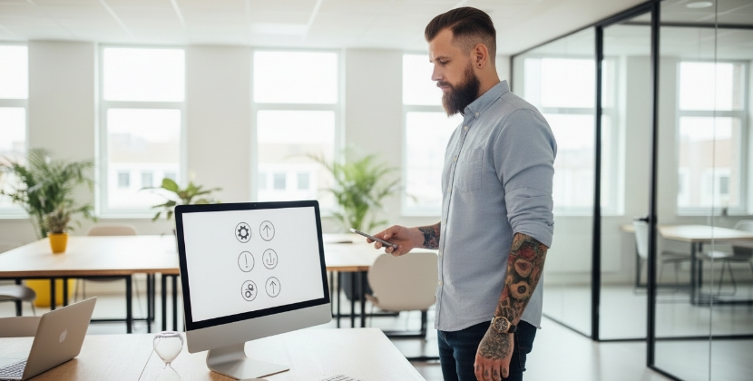 XR UX monthly monitoring with headset update screen shapes and a tiny hourglass on desk
