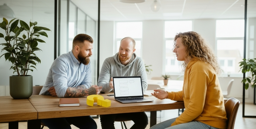 Spatial UI design FAQ discussion with three colleagues and blank chat bubble shapes