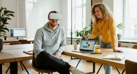 Team bespreekt metaverse UX design tijdens VR headset review op kantoor