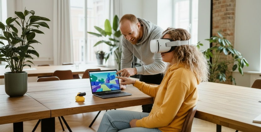 Team discussing UX design for metaverse in a VR headset review