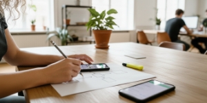 App design bureau schetst mobile app UX design navigatieflow, zodat swipen logisch voelt