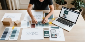 Grafisch ontwerpbureau werkt aan logo laten ontwerpen en merkidentiteit met kleurenpalet en wireframes