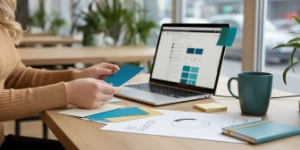 Merkidentiteit en herkenning, designer werkt aan styleguide op laptop in kantoor.