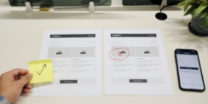 Conversiegericht design, wireframes vergelijken en A B keuzes checken met mobiel erbij.