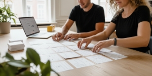 Schaalbaarheid, team werkt wireframes uit en stemt patronen af aan een grote werktafel