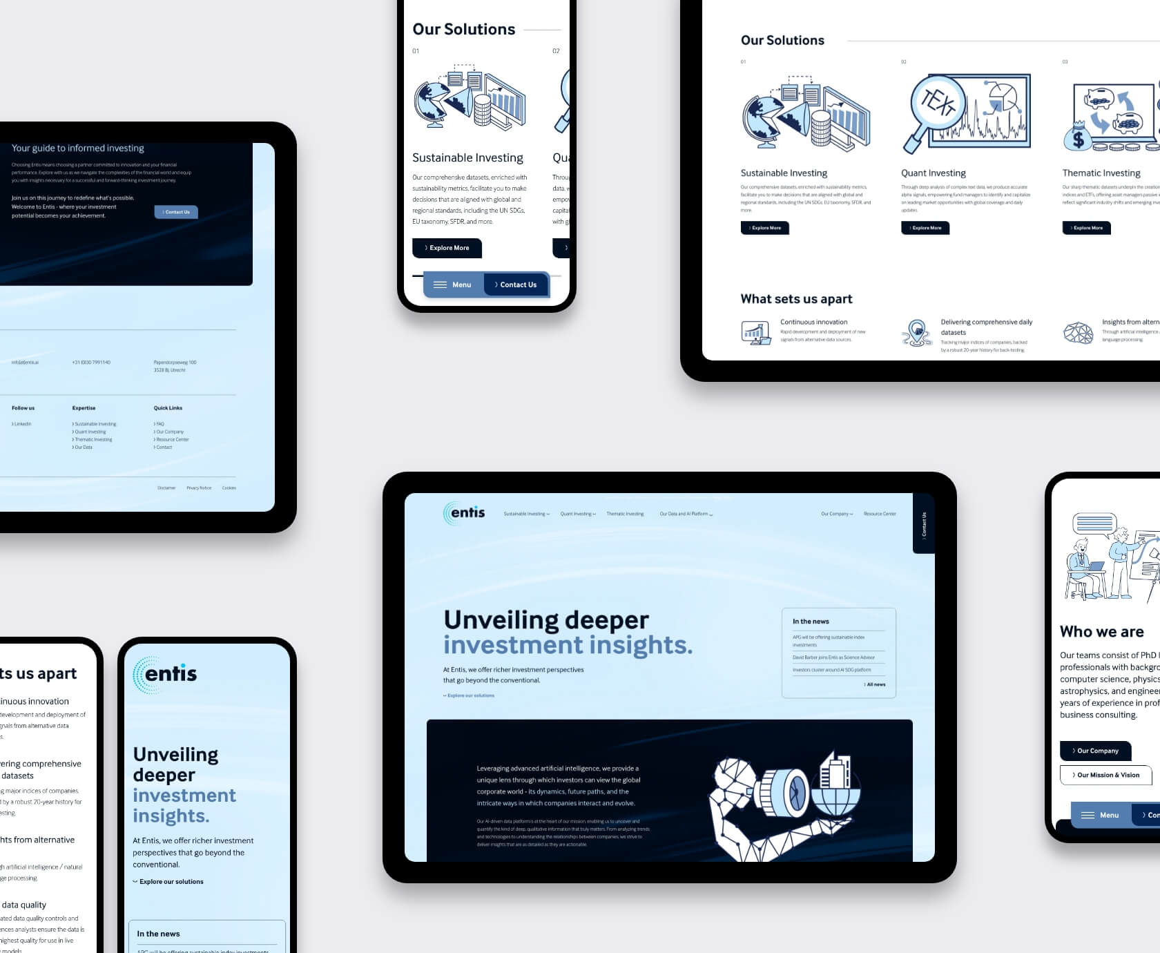 Collage van Entis website voor AI beleggingsinzichten op tablets en smartphone