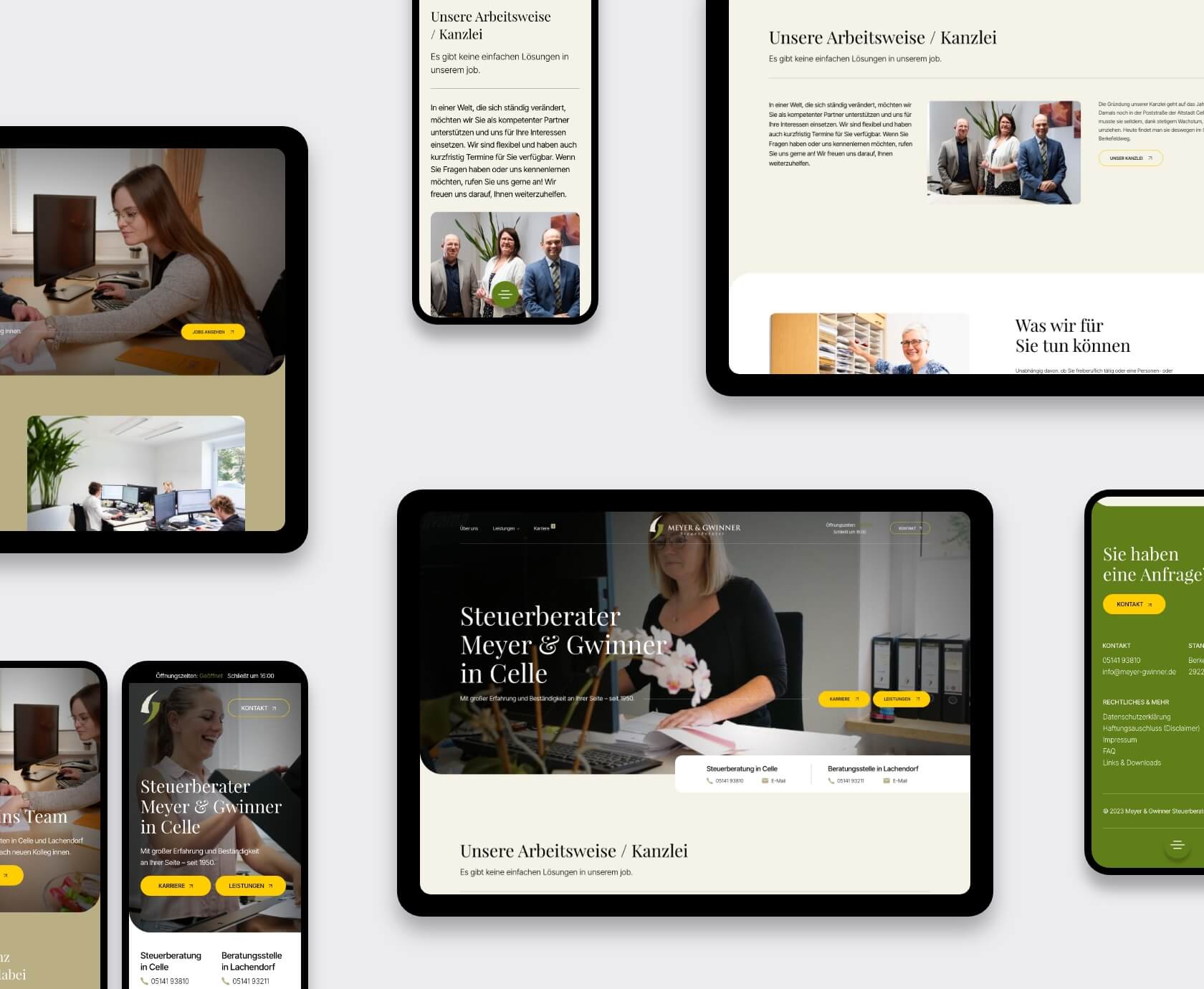 Website voor belastingadvieskantoor van Meyer & Gwinner met homepagina, hero en contactblokken