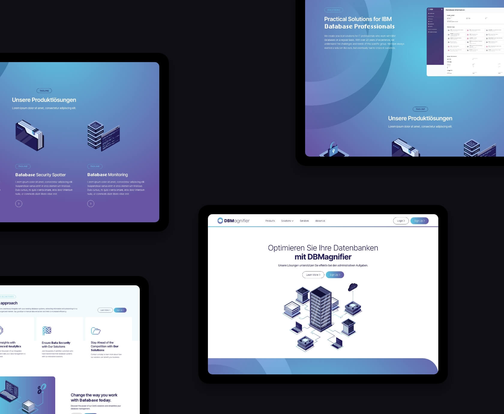 Collage van website voor PostgreSQL monitoring software van DBMagnifier op tablets
