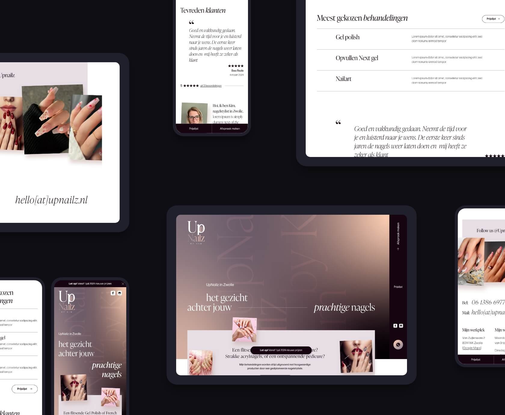 Collage van tablet- en telefoonschermen van de UpNailz nagelsalon website, gebouwd door Studio Ubique