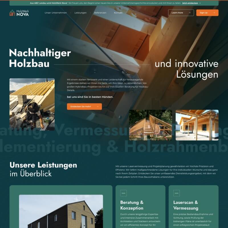 Website voor houtbouw met pagina over abbund en maatwerkoplossingen van Holzwerk Nova