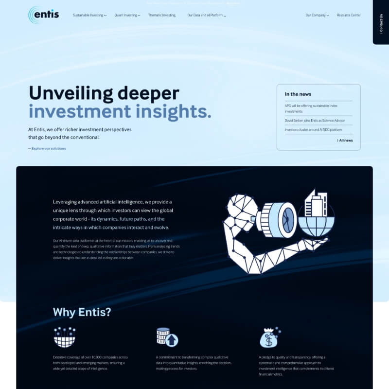 Homepagina van Entis met hero voor AI beleggingsinzichten