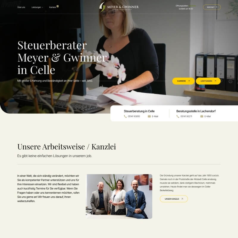 Website voor belastingadvieskantoor van Meyer & Gwinner met homepagina, hero en contactblokken