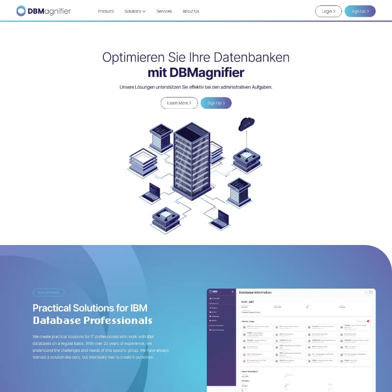 Homepagina van DBMagnifier voor PostgreSQL monitoring software met productintro en dashboard