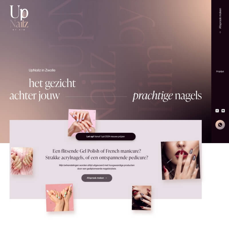 UpNailz homepage hero op tablet met gradient achtergrond, nagelsalon website laten maken