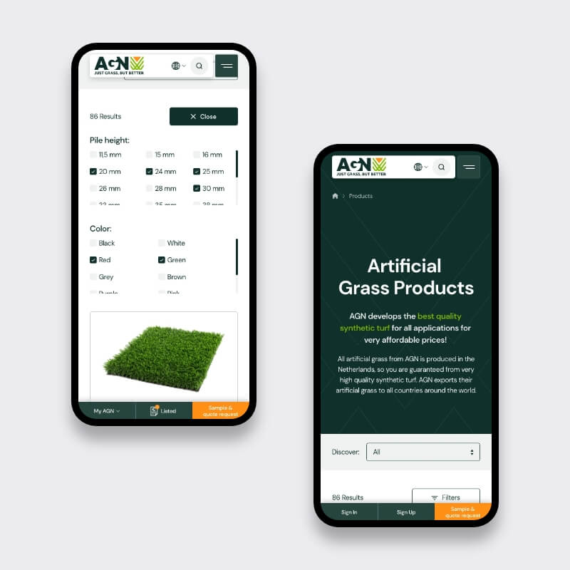 Mobiele productfilter en productcategorie op de AGN B2B webshop kunstgras