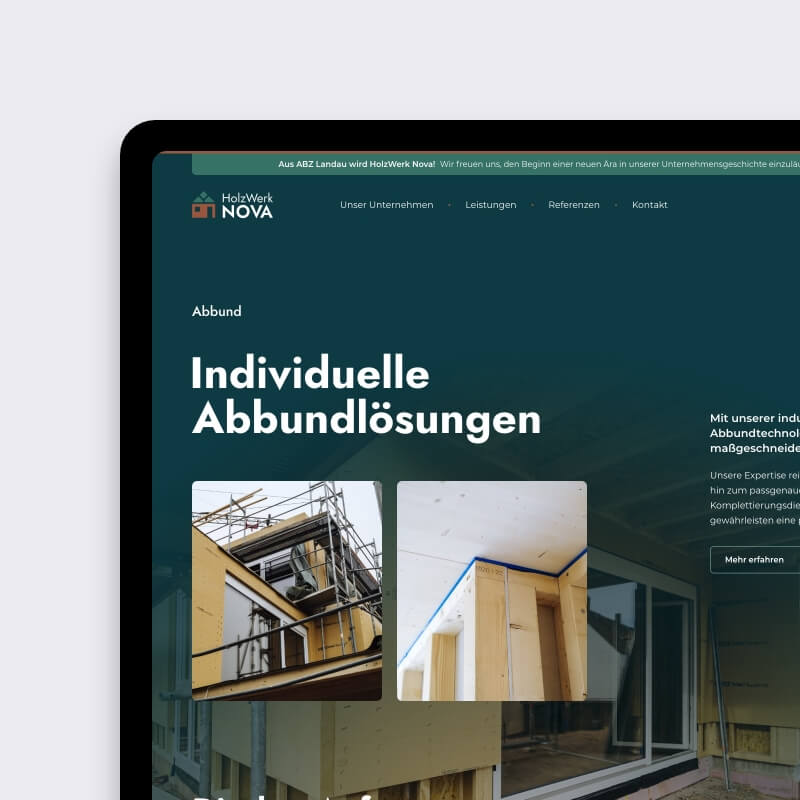 Website voor houtbouw met sectie over houtskeletbouw en voordelen binnen het modulair ontwerpsysteem