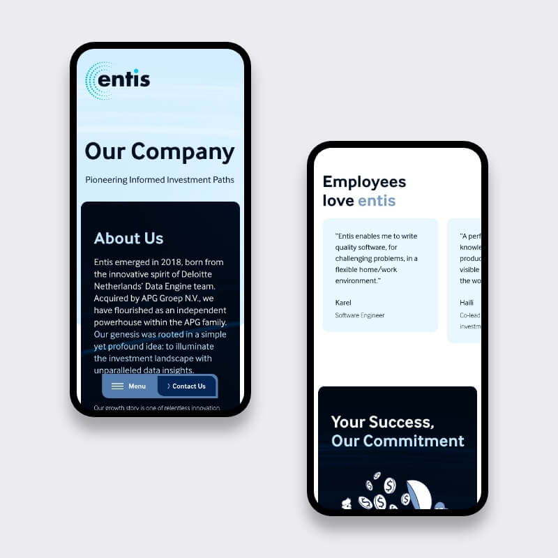 Mobiele schermen van Entis met bedrijfspagina en medewerkerservaringen