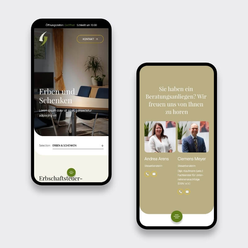Mobiele website voor belastingadvieskantoor met dienstpagina over erven en schenken en contactblok met belastingadviseur