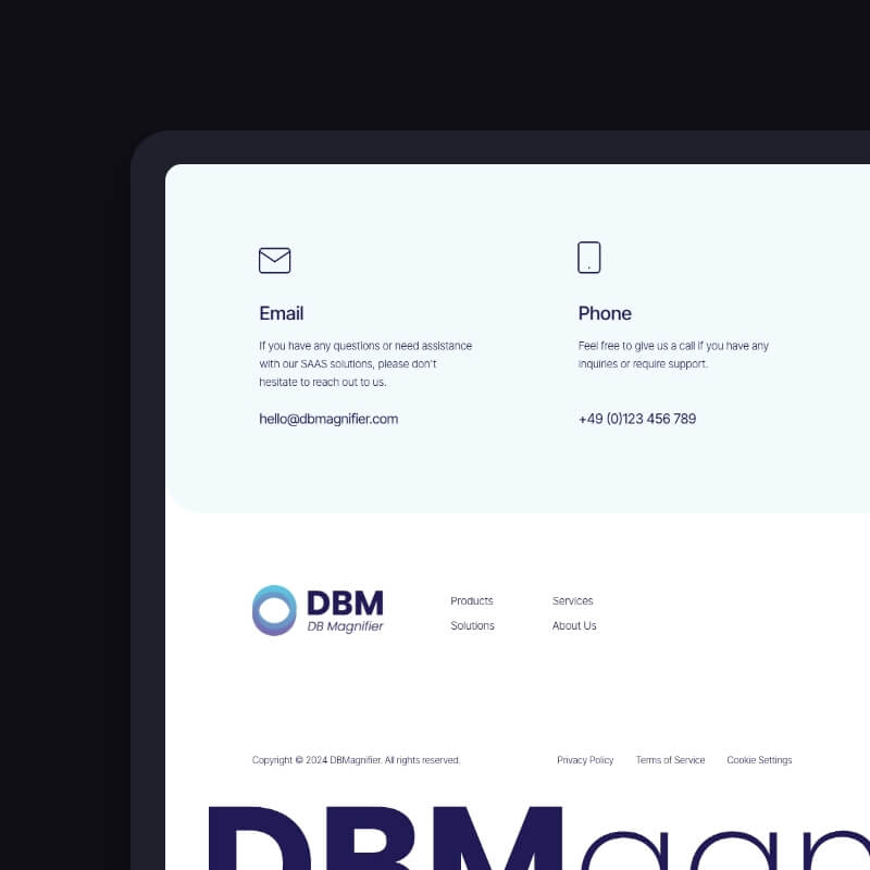 Footer en contactsectie van website voor PostgreSQL monitoring software van DBMagnifier