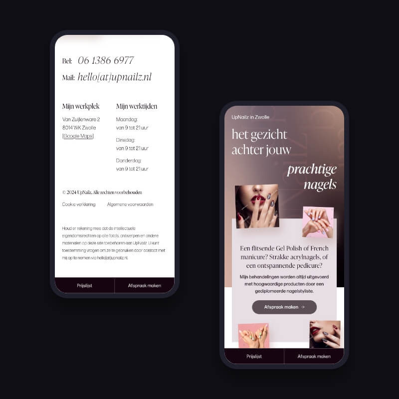 Twee mobiele schermen met contactgegevens en homepage van de UpNailz nagelsalon website