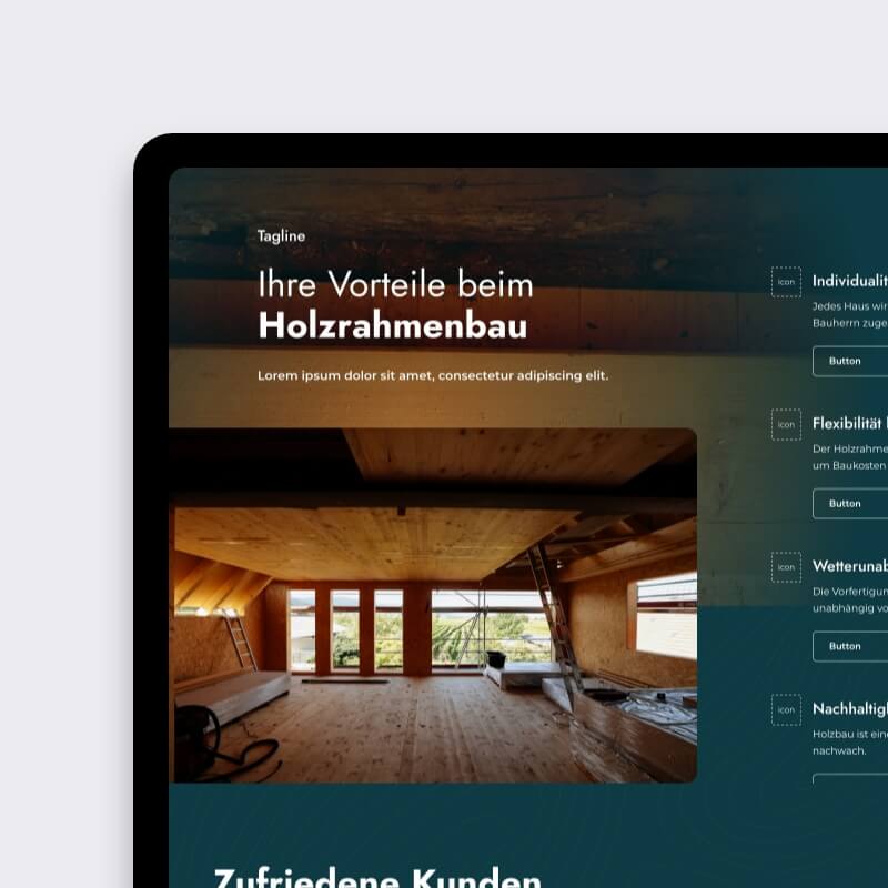 Website voor houtbouw met inspiratiegalerij van gerealiseerde projecten van Holzwerk Nova