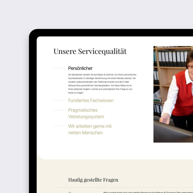 Website voor belastingadvieskantoor met servicekwaliteit en veelgestelde vragen van Meyer & Gwinner