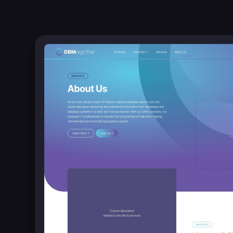 Over-ons-pagina van DBMagnifier met gradientstijl voor PostgreSQL monitoring software