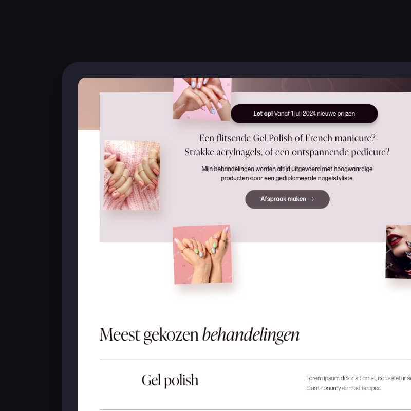 Tabletweergave van behandelingsoverzicht met afspraakknop, nagelstudio merkidentiteit UpNailz
