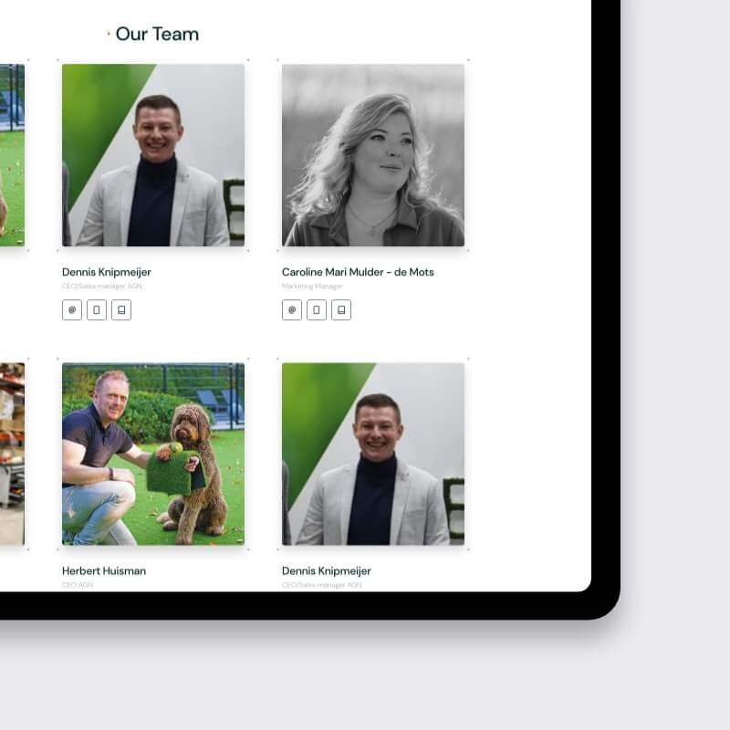 Teampagina van AGN op de B2B webshop kunstgras, dealer portal kunstgras door Studio Ubique