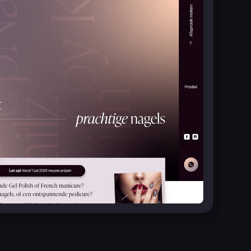 Close-up van hero-banner en zijnavigatie op de UpNailz nagelsalon website