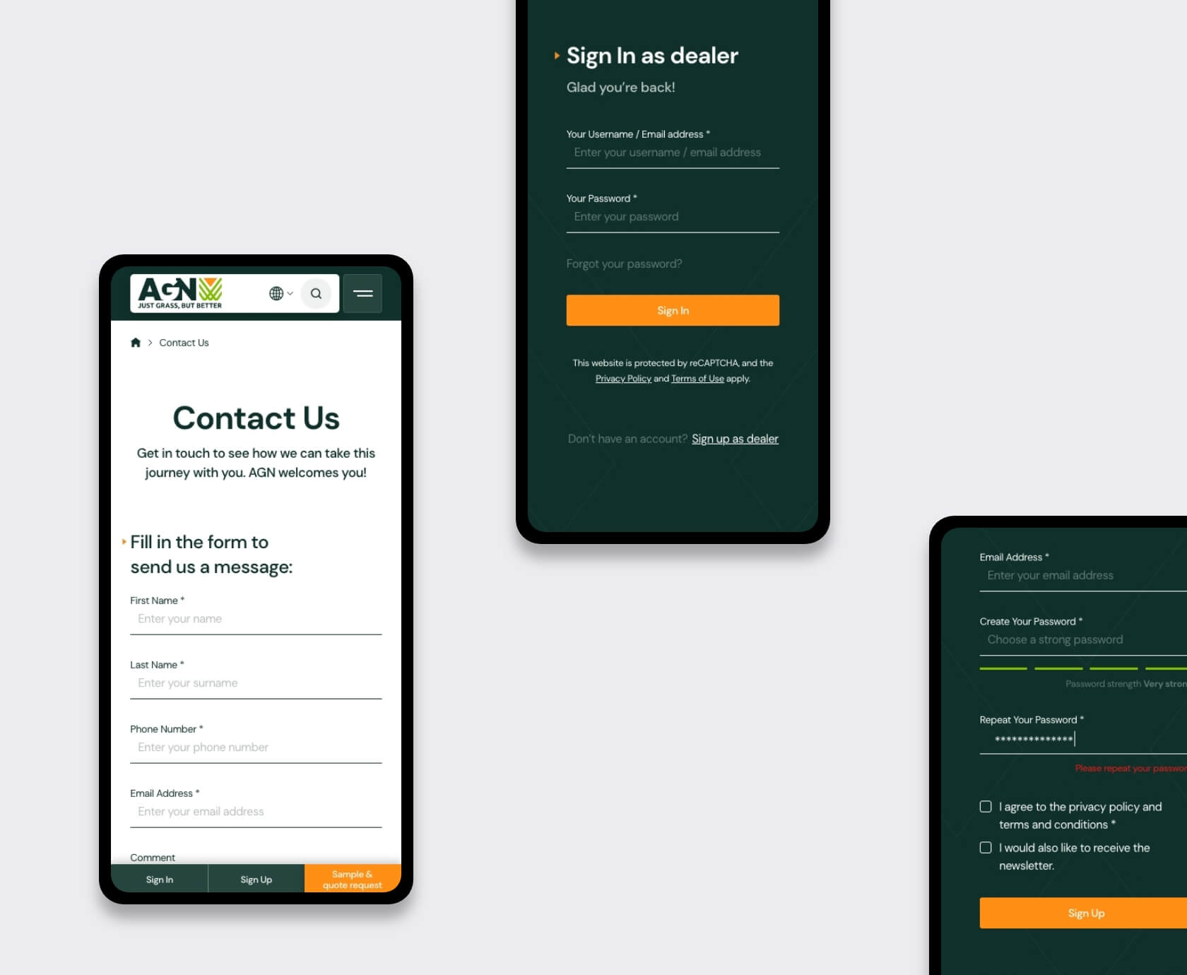 Dealer portal kunstgras met inlogscherm en registratieformulier op mobiel
