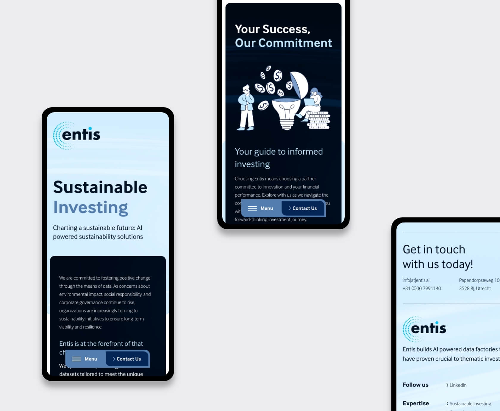 Mobiele schermen van Entis met duurzaam beleggen en contactpagina