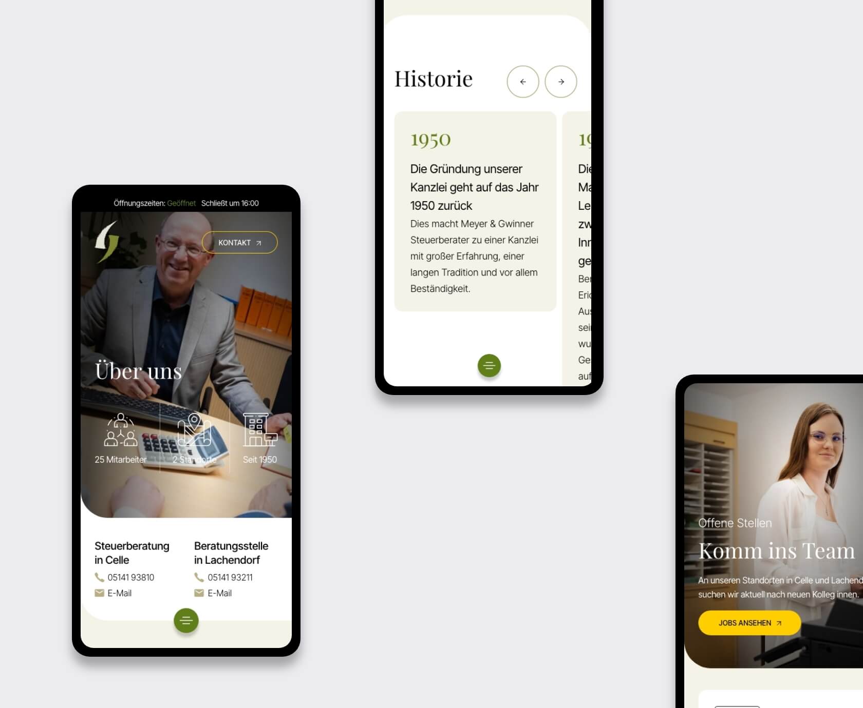 Mobiele website voor belastingadvieskantoor met over-ons-pagina, historie en vacatures