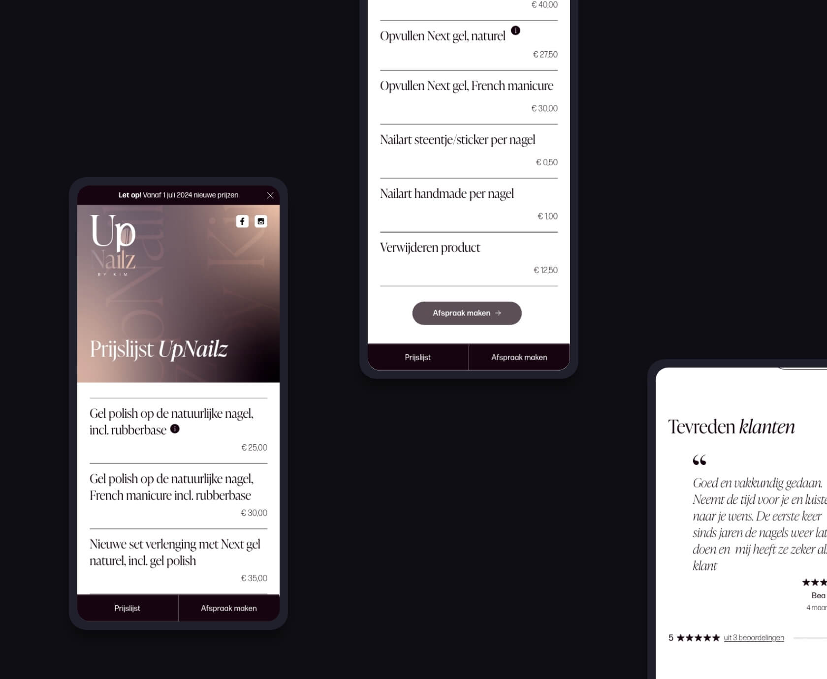 Mobiele prijslijst en afspraakknop op de UpNailz nagelsalon website
